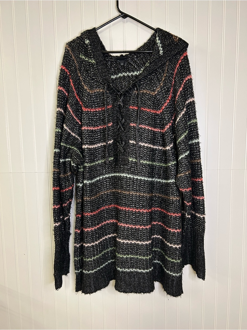 torrid Black Striped Hooded Sweater with Lace-Up Neck Size 5